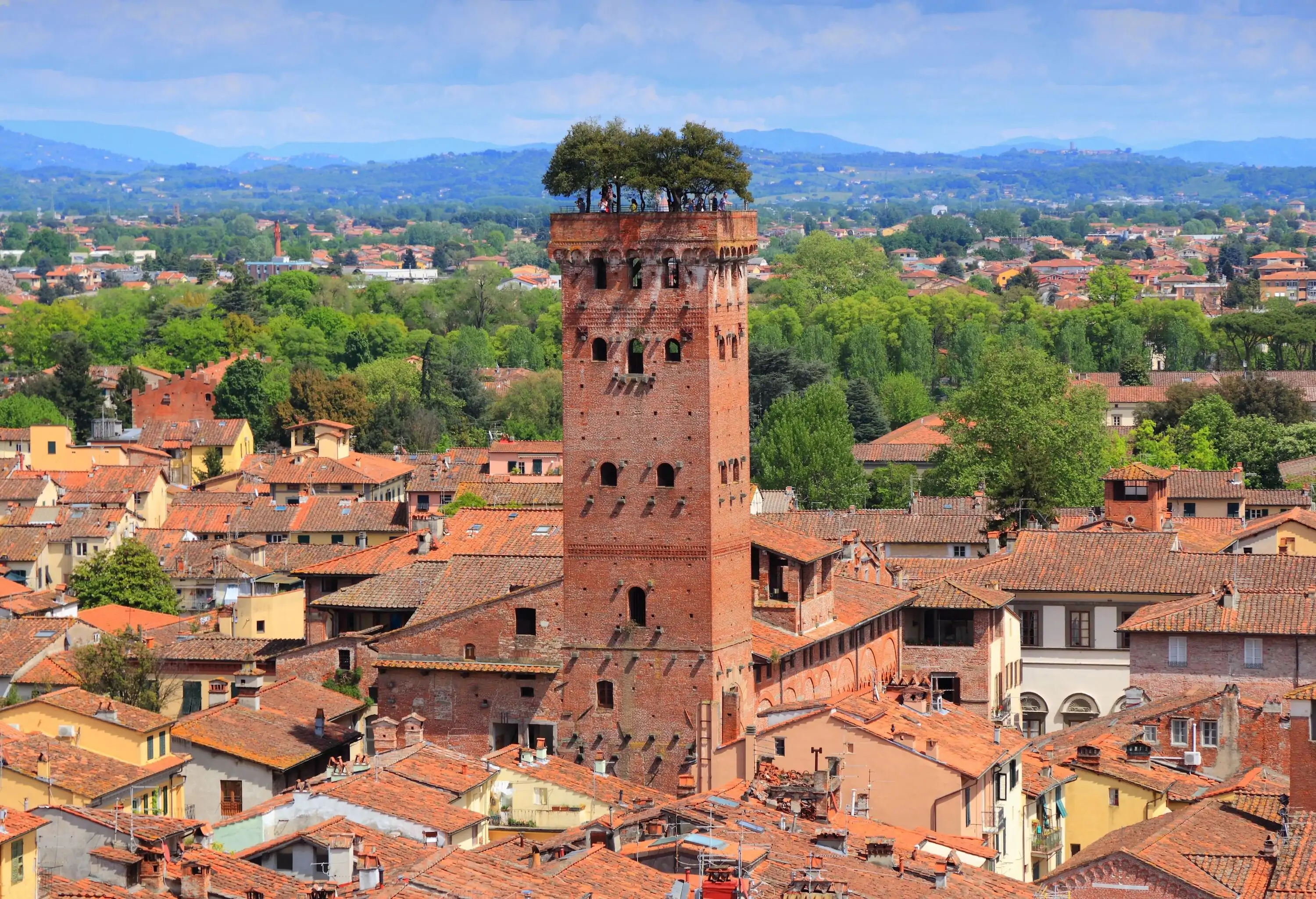 Lucca, Italy - medieval town of Tuscany. Aerial view with Guinigi Tower.