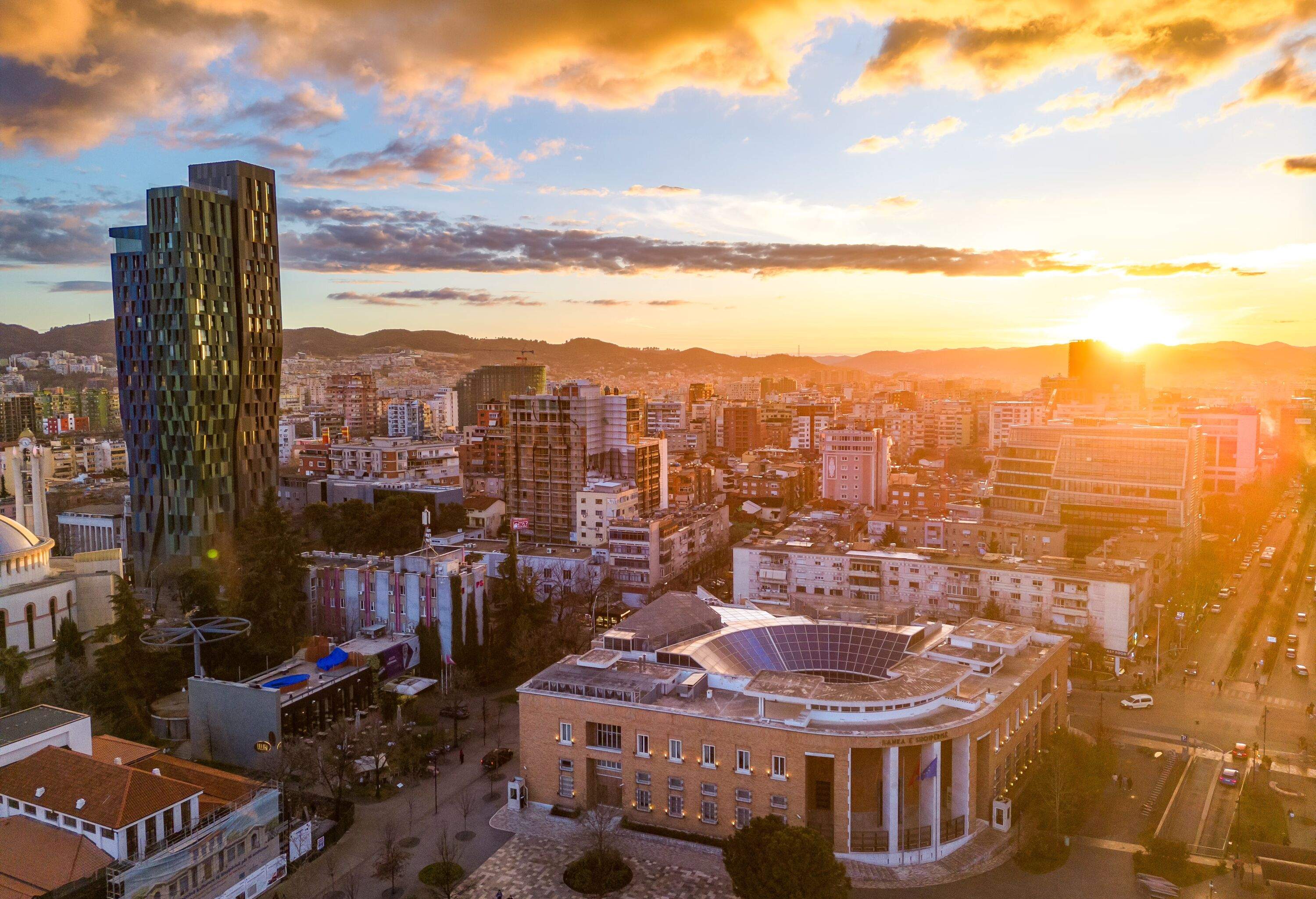 Tirana at sunset from drone, Albania