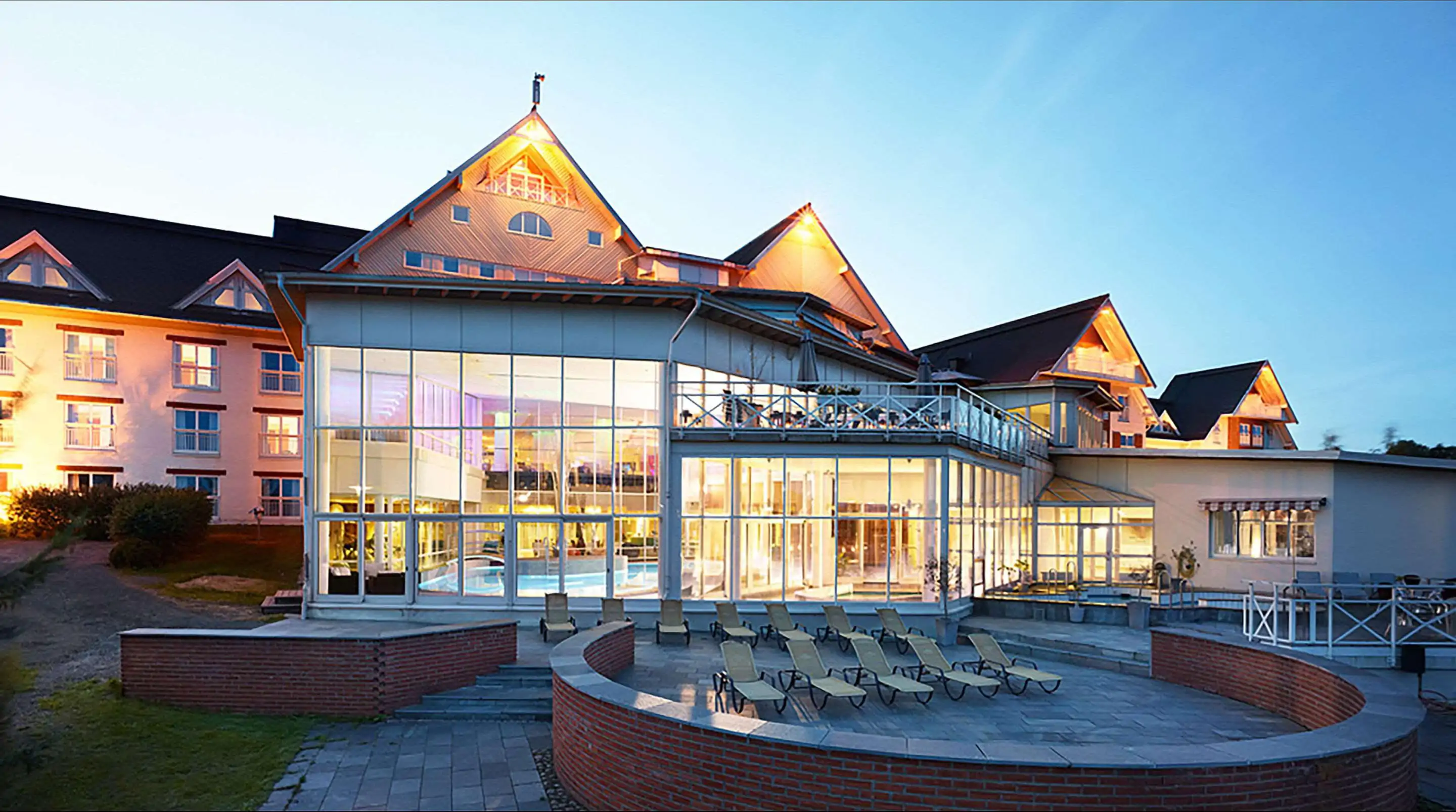 View of wintergarten of spa hotel at disk from the outside