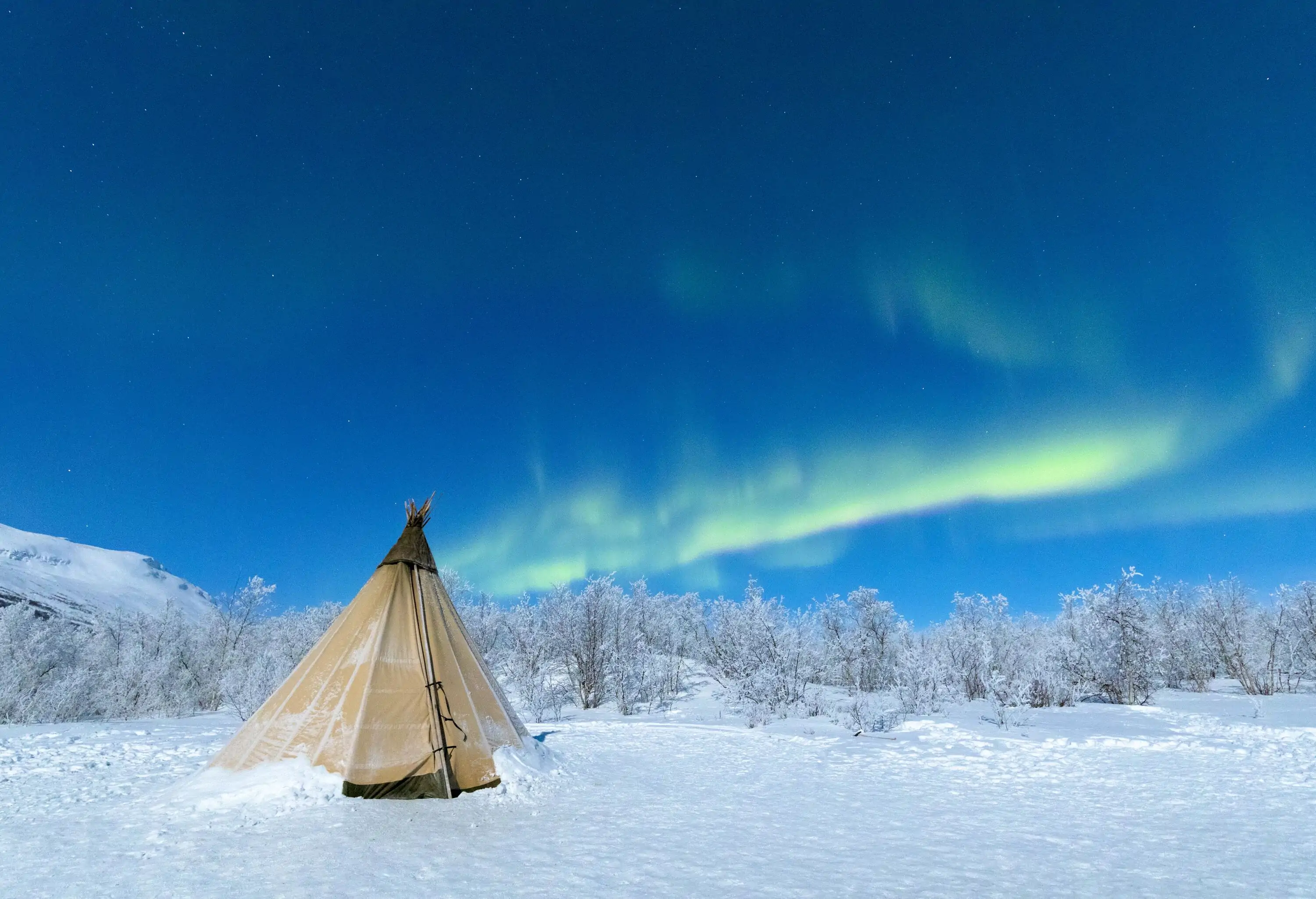 A Lavvu tent pitched on a snowfield with the northern lights swirling across the blue sky.