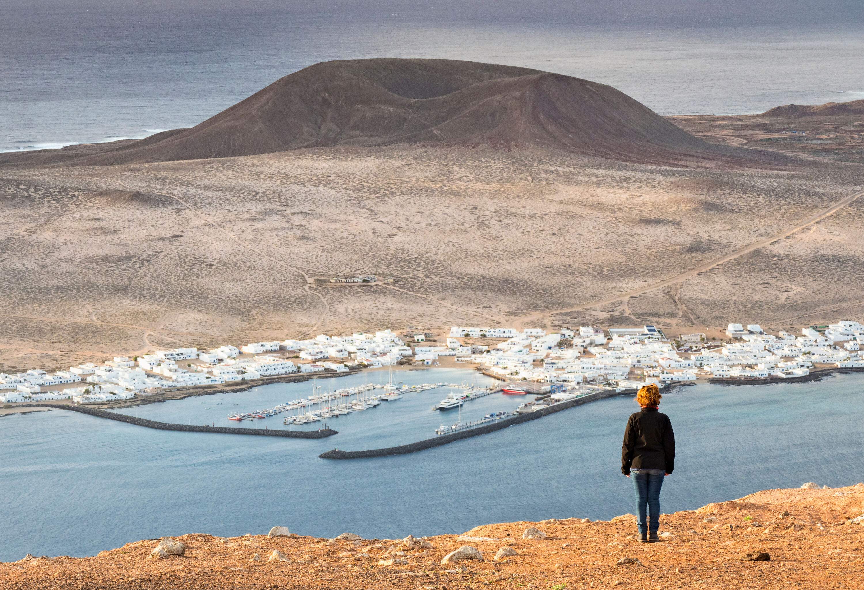 A person stands on a cliff's edge with overlooking views of a town with boats anchored in a marina.