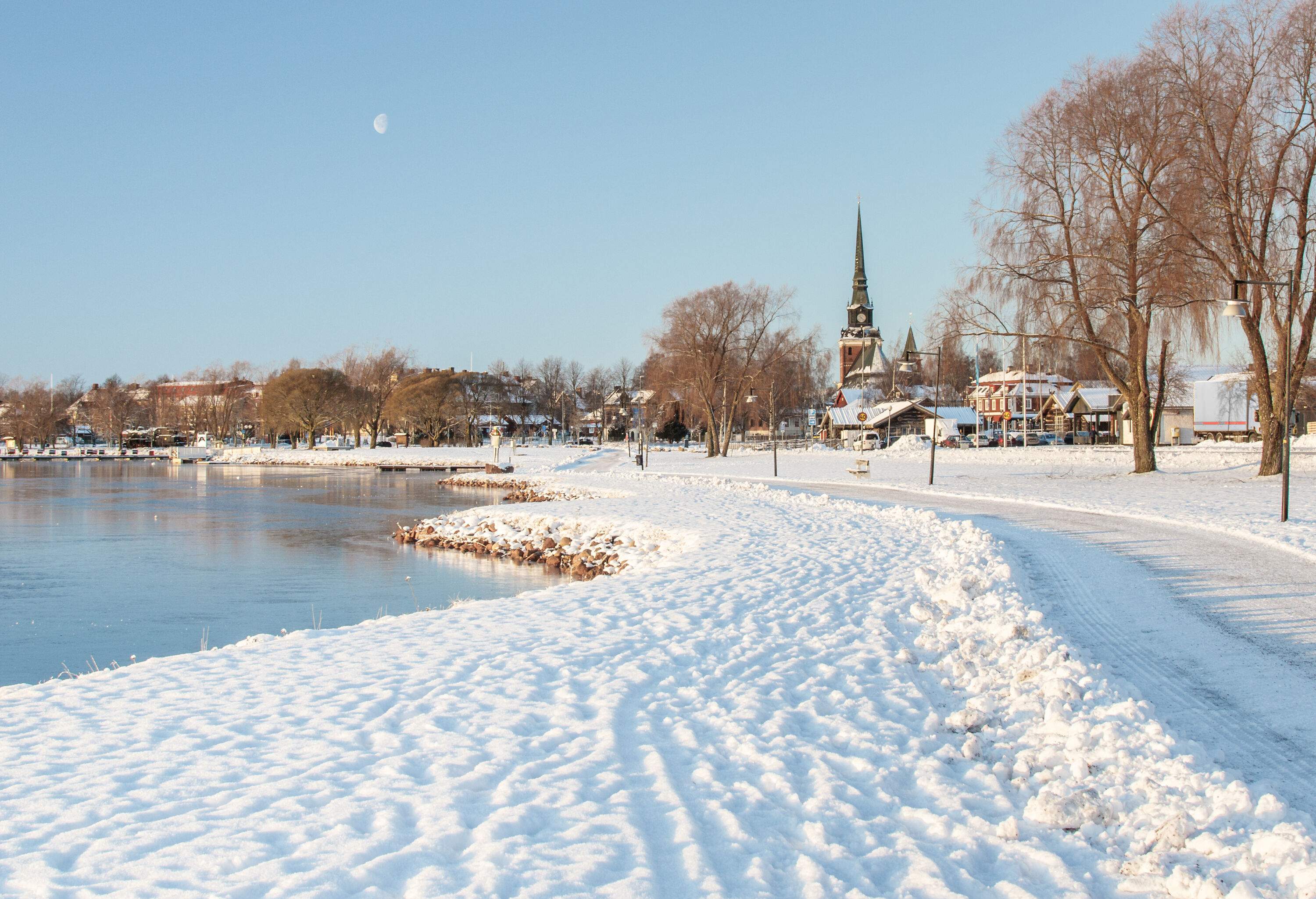 The coastline of a lake covered in snow during the winter season.