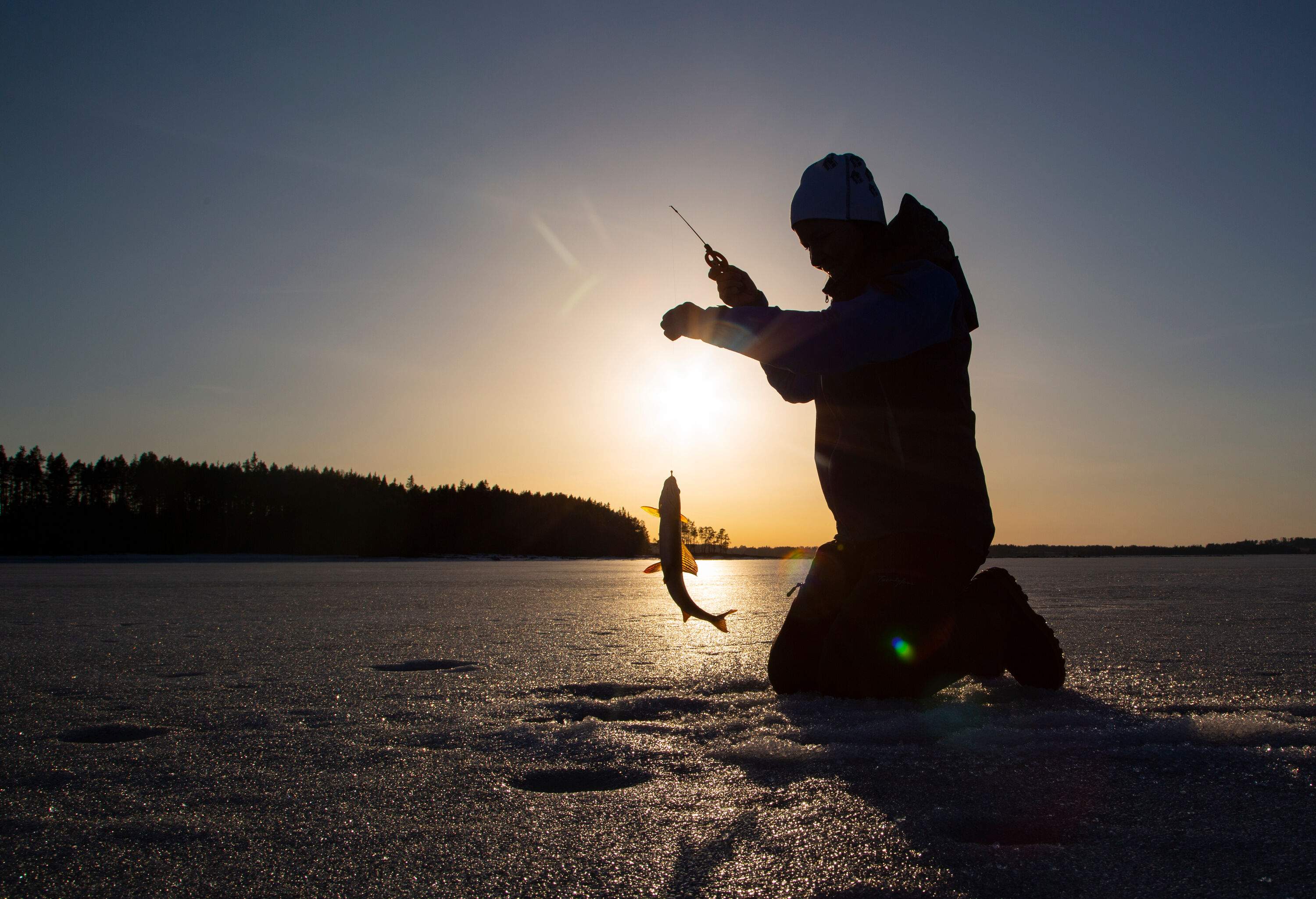 Silhouette of a person kneeling on a frozen lake holding a captured fish.