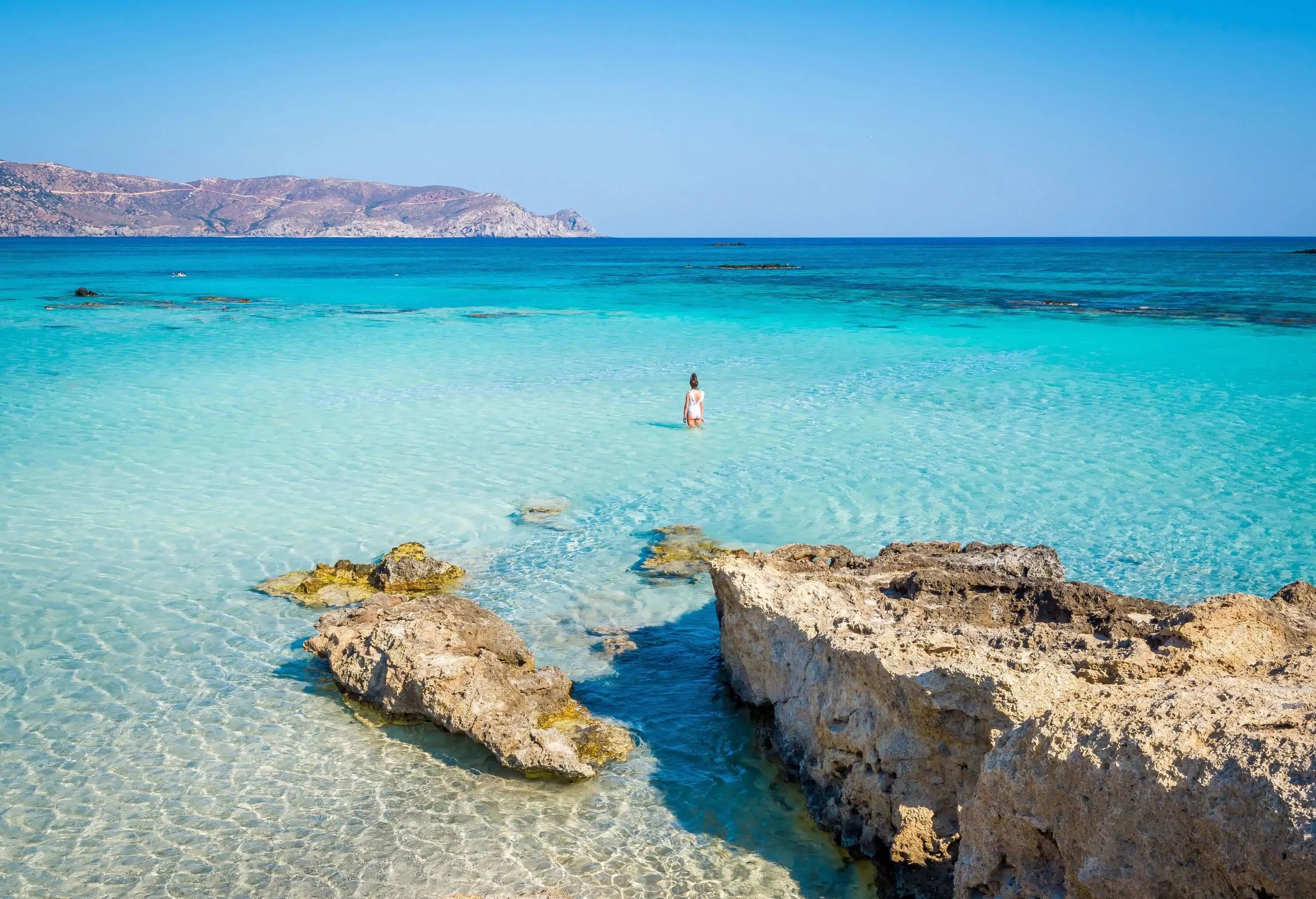 Elafonisi, a paradise beach with turquoise water, an island located close to the southwestern corner of the Mediterranean island of Crete, known for its pink sand beaches