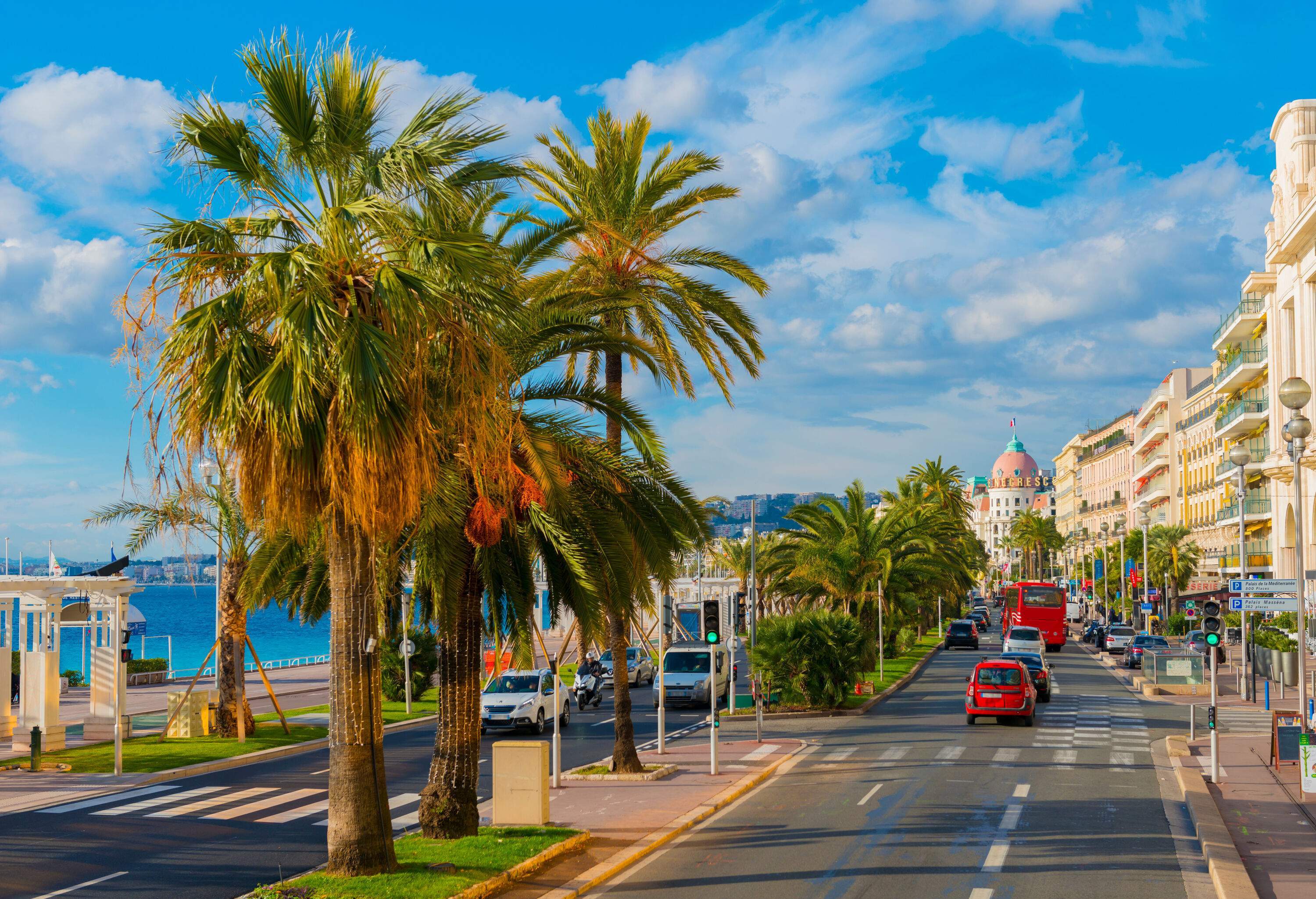 The roads by the beach are lined with tall green trees and classic buildings.