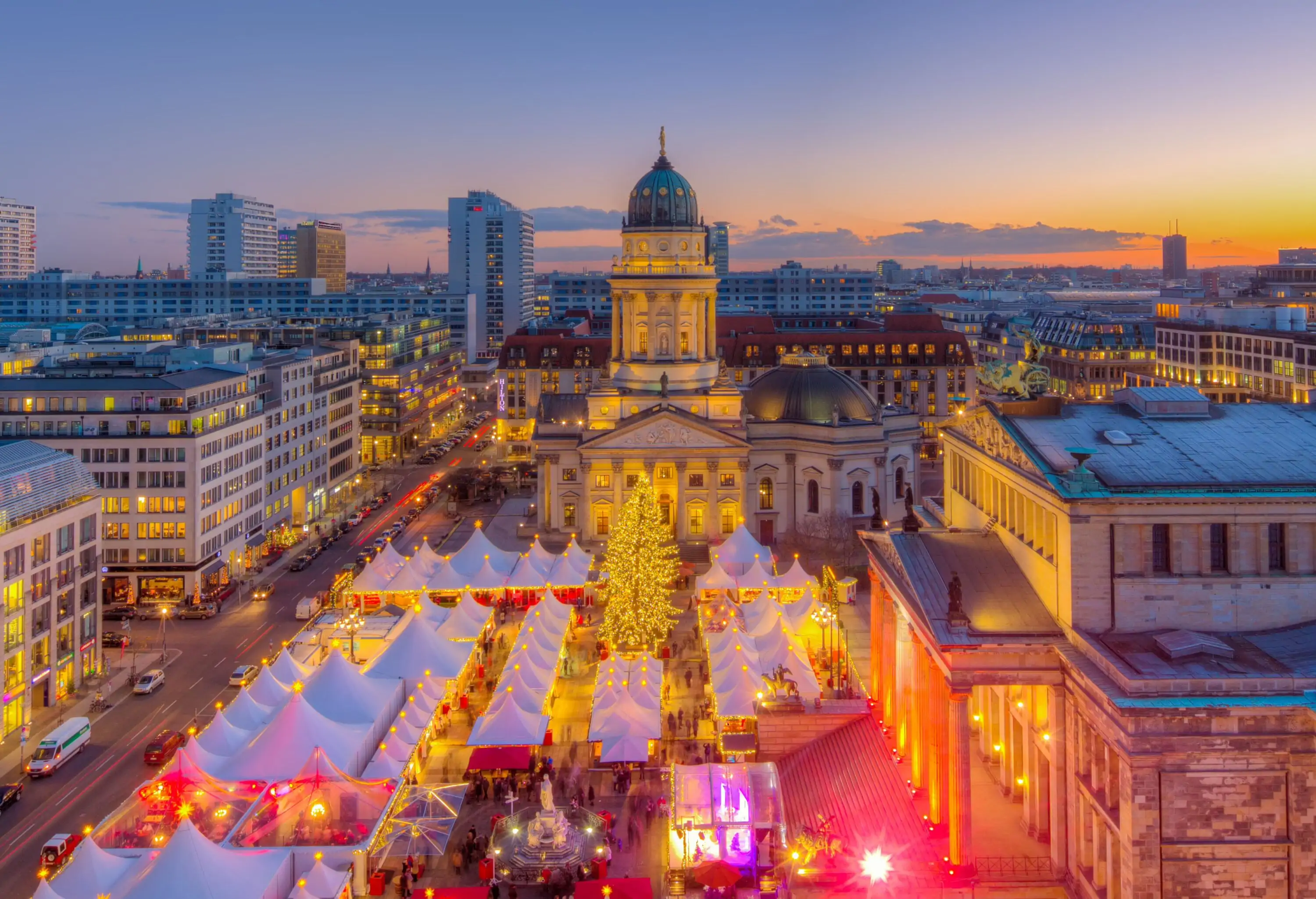 Christmas Market Panorama Skyline on Gendarmenmarkt in Berlin, Europe