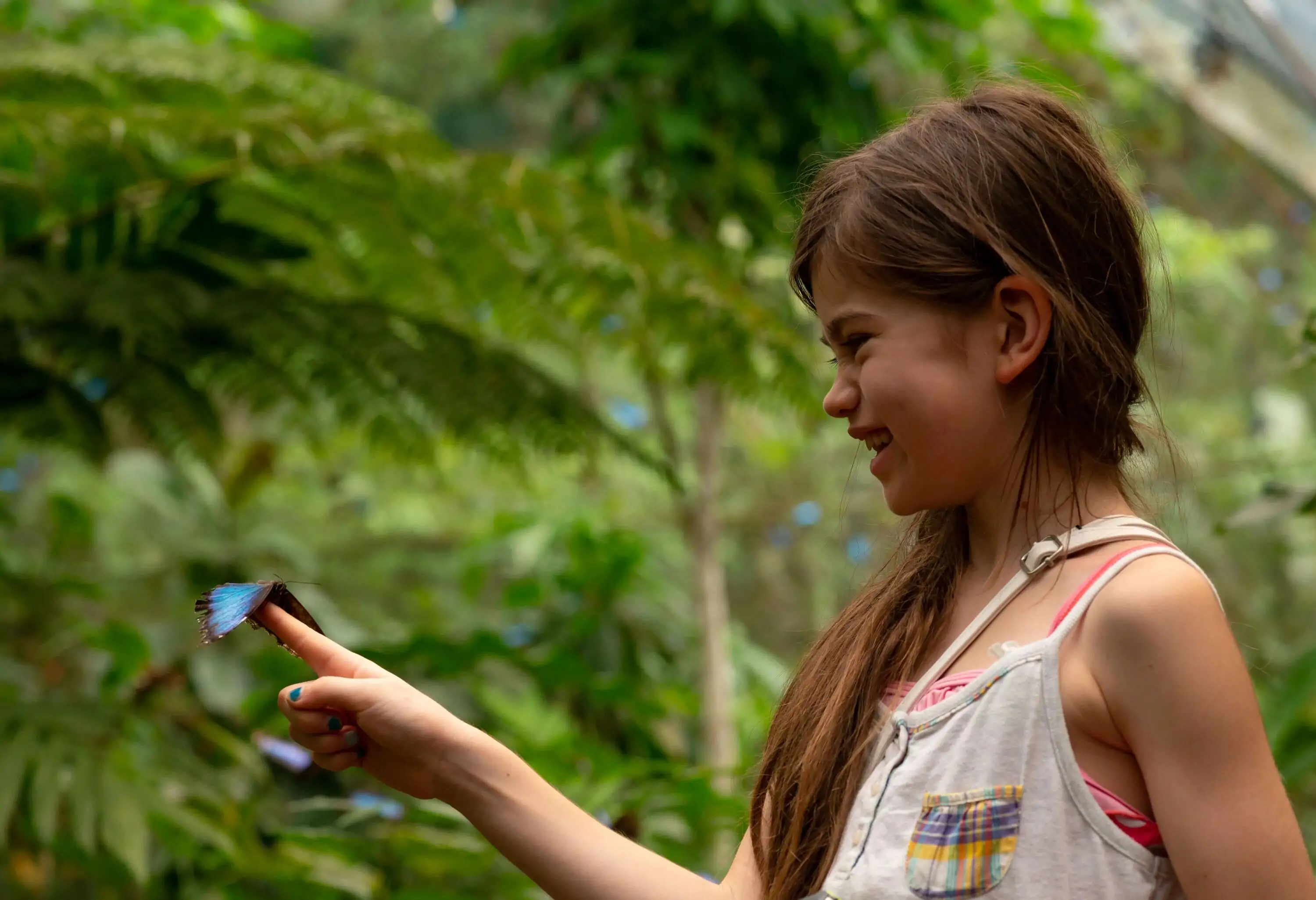 A butterfly rests on a brunette girl's finger.