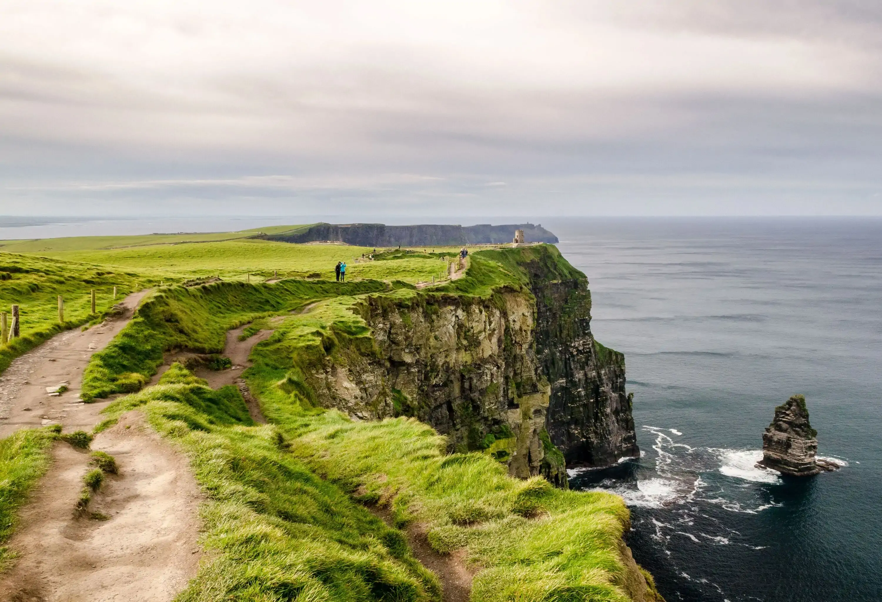 People strolling on a path on top of a grass-covered sea cliff.