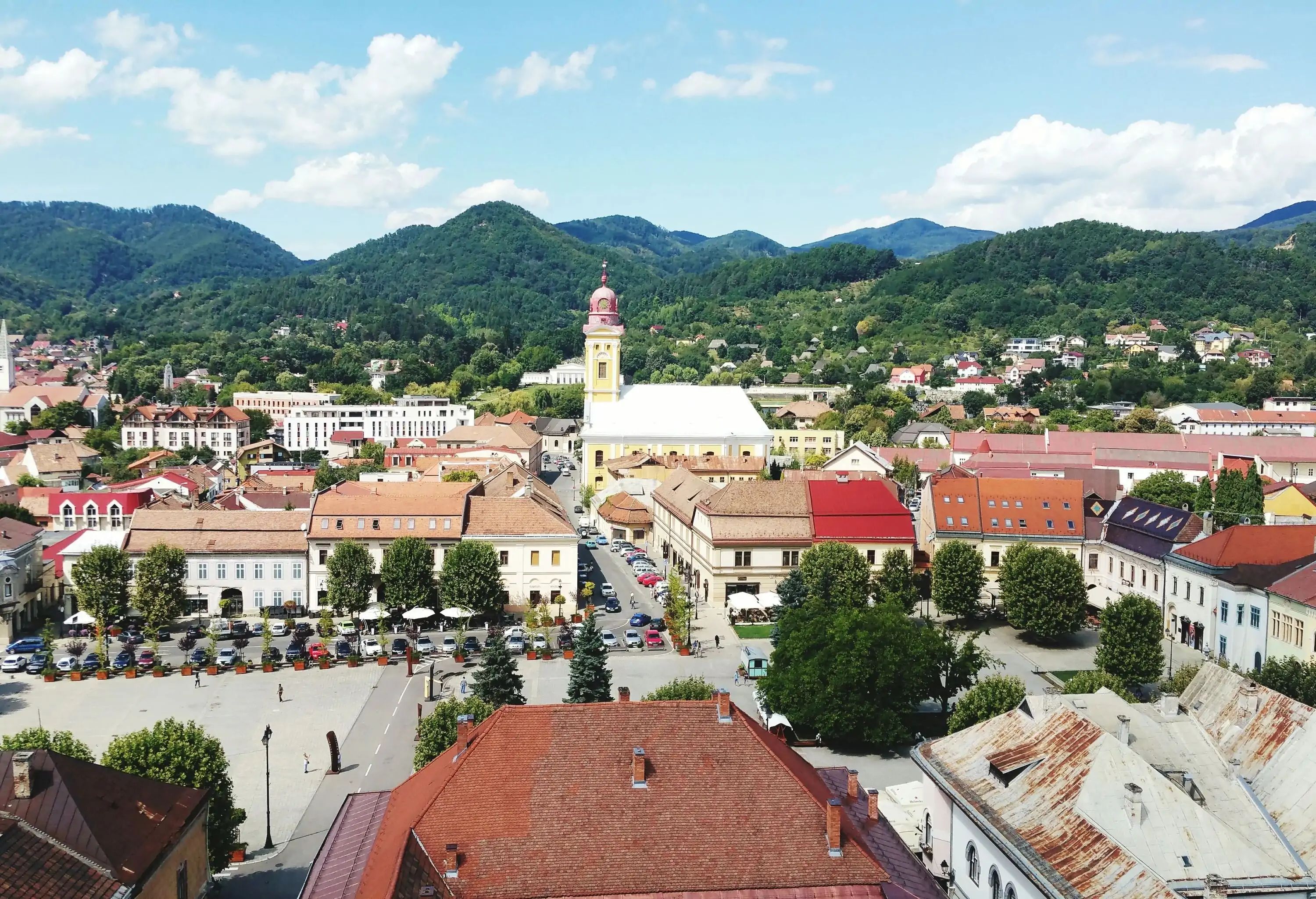 A picturesque cityscape with streets lined with trees and parked cars, set against a backdrop of lush, verdant hills in the distance.