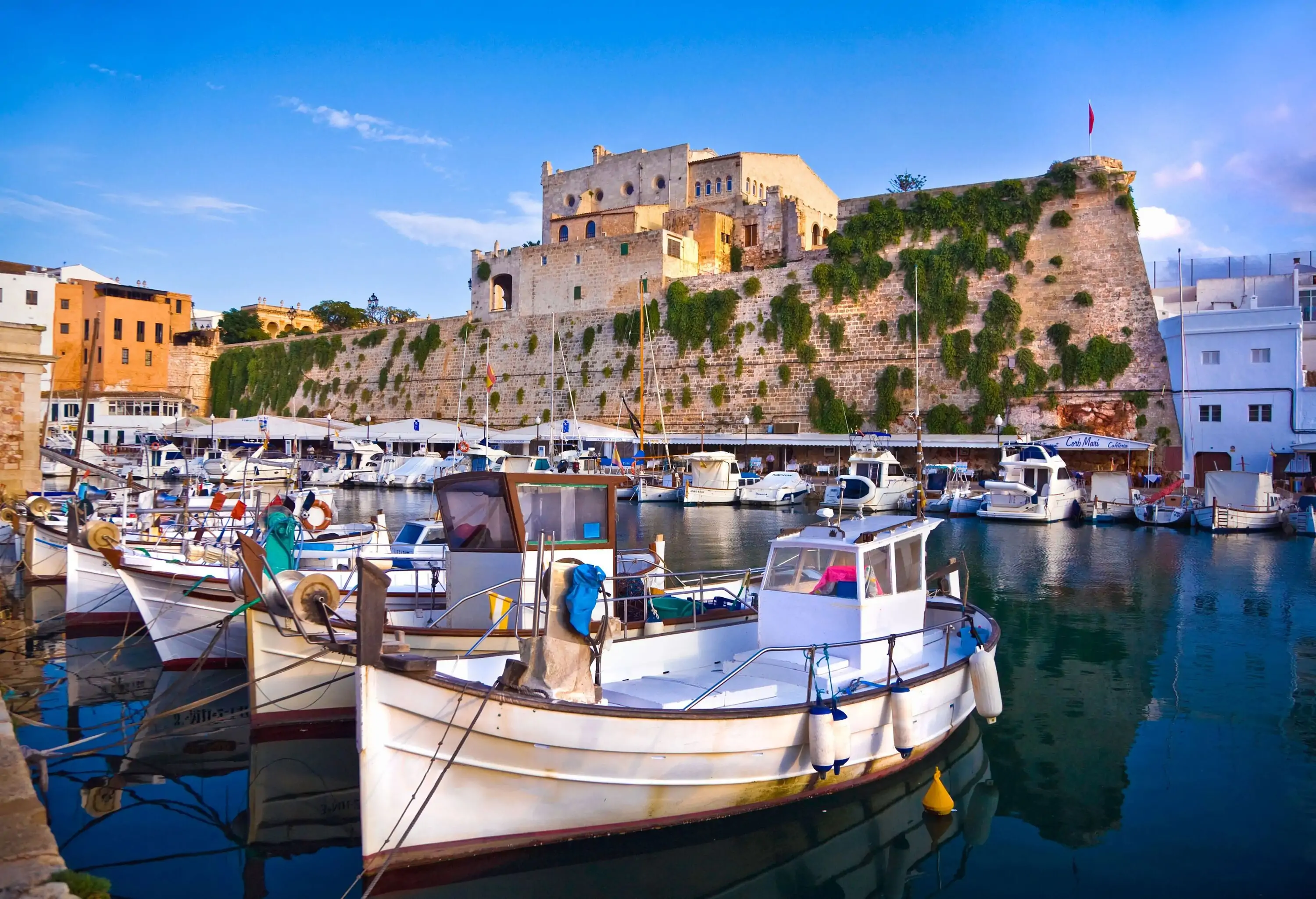 A lot of boats docked on a port along a brick wall.